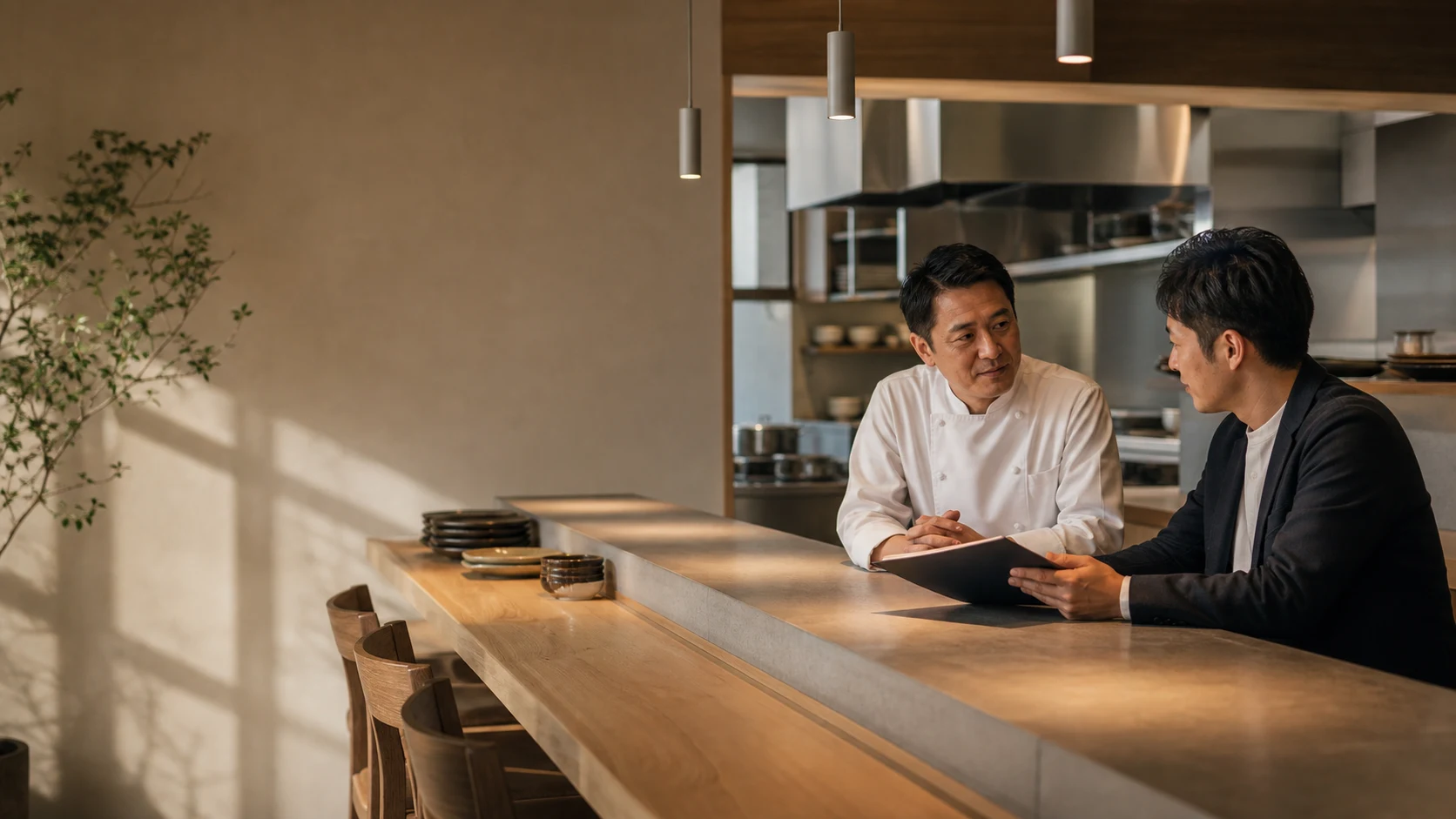 飲食店の店主と事業承継について話すアドバイザー